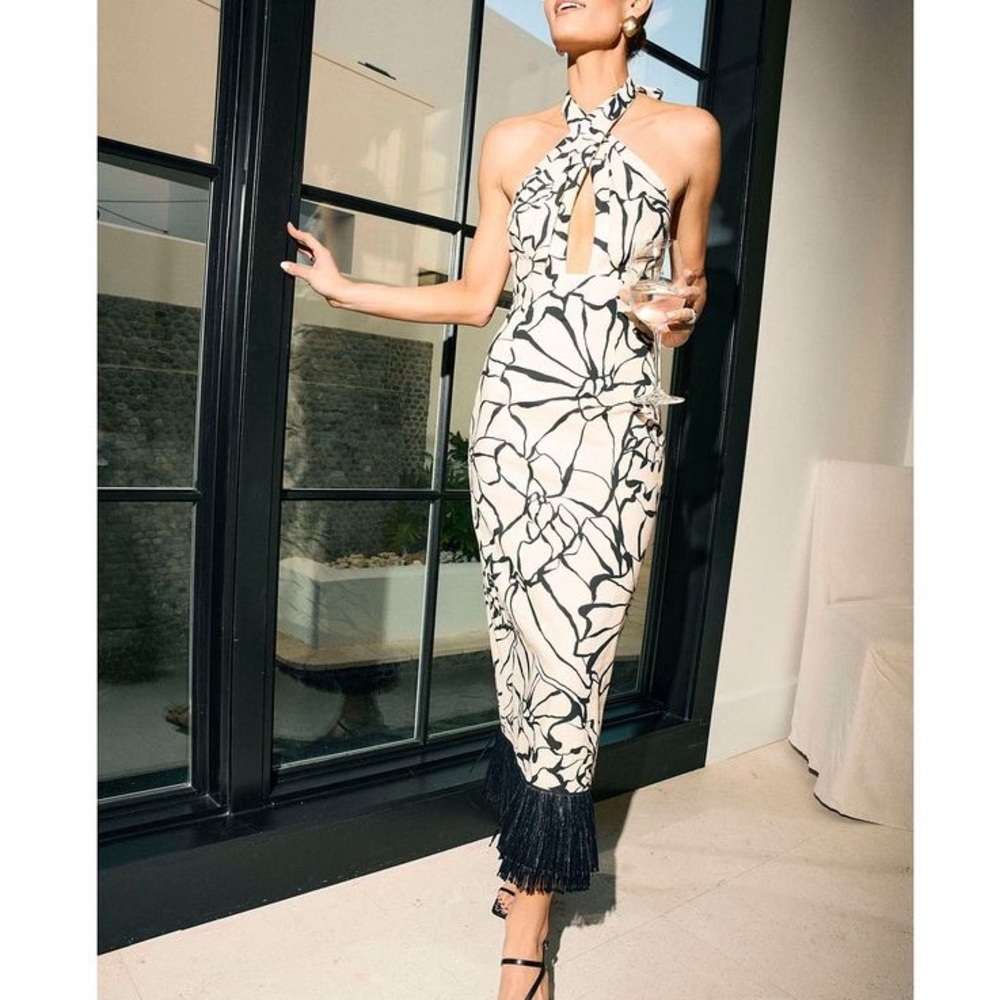 ANTONIO MELANI X M.G. Style Black and White Halter Midi Dress with Fringe